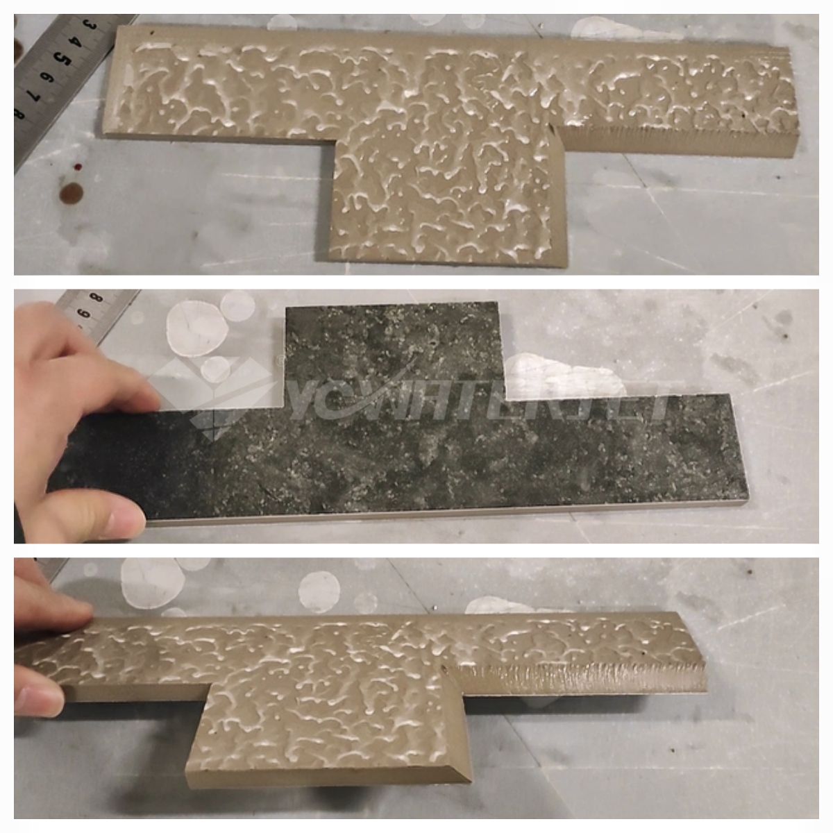 waterjet stone cutting test & sample display Prueba de corte de piedra con chorro de agua y visualización de muestras.